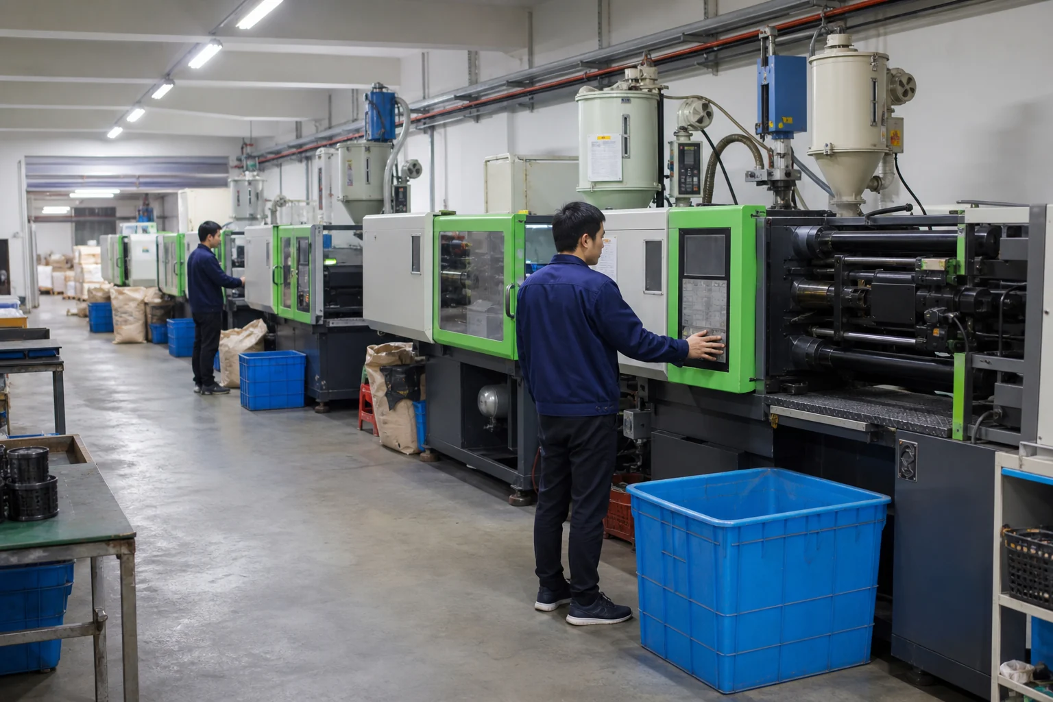 Illustrative plastic injection molding production line