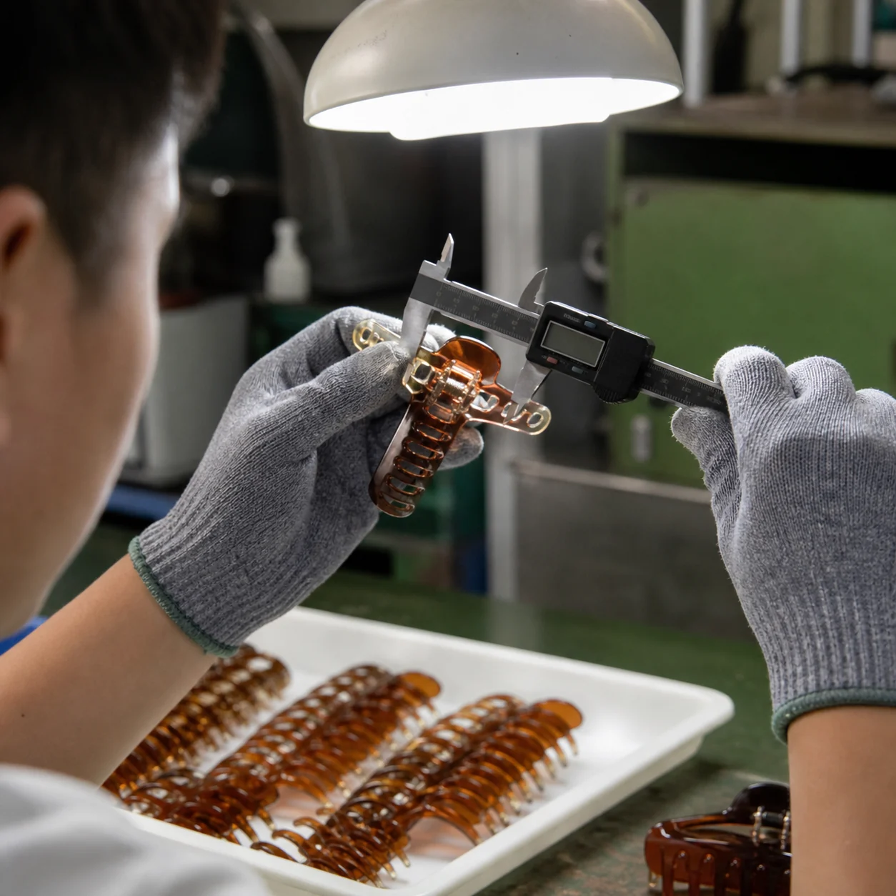 Illustrative close-up of a molded hair claw clip being measured during quality inspection