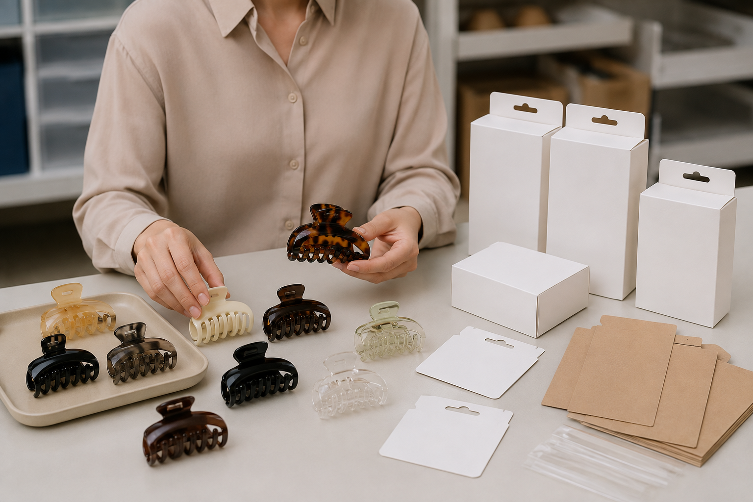 Generic editorial view of hair claw clips being arranged for packaging review