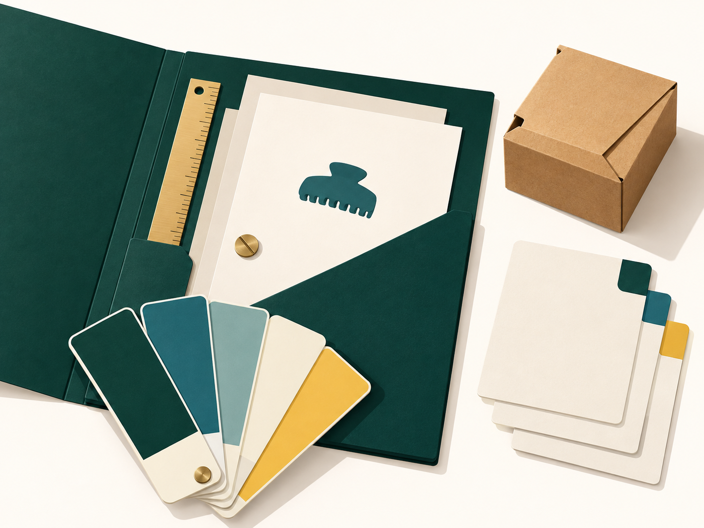 Quotation folder with a small reference silhouette, measuring ruler, physical color swatches and packaging carton