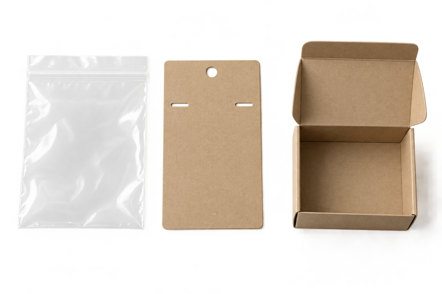 Empty bag, blank display card and open box packaging concepts